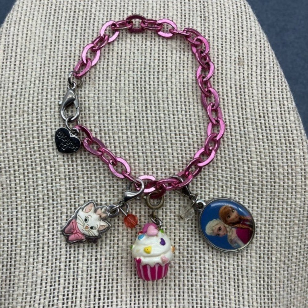 Disney Charm Bracelet As Is Aristocats Marie Frozen Elsa Anna Cupcake Pink Chain
